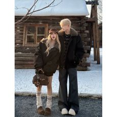 批发巴恩风毛领派克棉服女男冬季加厚保暖工装外套宽松休闲棉衣情侣款