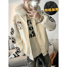 批发美式老铁猫爪刺绣棒球服外套男2025秋冬情侣装设计感毛呢拼接夹克
