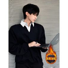 批发2025新款加绒加厚假两件<b class='q'>衬衫</b>领卫衣男女冬季上衣美式情侣内搭