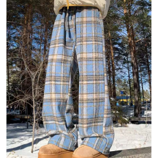 毛呢复合银狐绒 潮牌冬季格子加绒加厚休闲裤男保暖百搭阔腿长裤