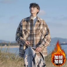 2025新款加绒外套男毛呢格子秋冬宽松加厚衬衫夹克潮工装衬衣外套