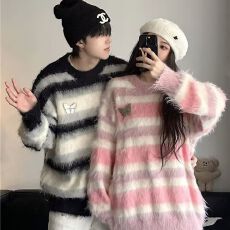 批发慵懒风条纹毛衣男女款2024新款秋冬外穿网红爆款针织打底衫上衣