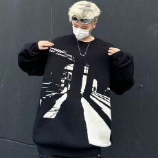 批发2026美式复古秋冬圆领上衣vintage艺术剪影印花情侣毛衣针织衫女