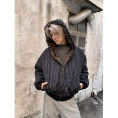 批发2025新款秋冬豹纹座山雕棉服男女宽松潮流复古竖条纹连帽外套