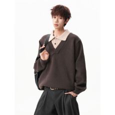 2025新款重磅秋冬氛围感假两件毛衣男女软糯翻领针织衫老钱风上衣