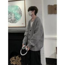 批发美式复古小众V领针织开<b class='q'>衫</b>毛衣男秋冬慵懒风韩系风格穿搭外套<b class='q'>情侣</b>