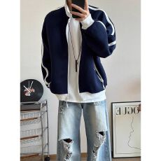 批发2025新款重磅立领撞色条纹运动卫衣外套男女秋冬美式<b class='q'>情侣装</b>开<b class='q'>衫</b>