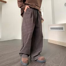 批发2025秋毛呢格纹松紧腰泡泡格B计划阔腿休闲裤宽松透气垂感直筒裤