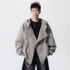 宽松皮衣2025秋季新款大码减龄拉链拼色连帽上衣潮流新款慵懒百搭