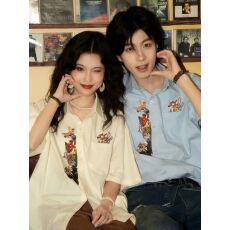 2026新款韩系卡通动物刺绣短袖衬衫女夏季设计感小众宽松衬衣上衣