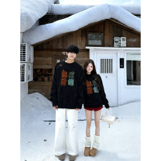 日系复古刺绣水貂绒针织衫男女秋季潮牌ins宽松圆领休闲毛衣外套