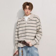 批发2026新款春宽松潮流针织条纹毛衣<b class='q'>男</b>修身罗纹<b class='q'>polo</b>领套头针织<b class='q'>衫</b>