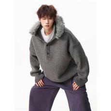 2026新款重磅美式复古可拆卸毛领连帽毛衣男秋冬老钱风针织衫毛衣