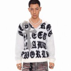 ins新款简约百搭男装春秋新款毛针织衫翻领宽松长袖字母印花慵懒