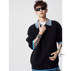 批发假两件<b class='q'>男</b>士毛衣春秋季新款<b class='q'>POLO</b><b class='q'>衫</b>休闲宽松潮牌翻领上衣服长袖T恤