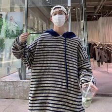 批发日系拼接条纹连帽针织毛线衣<b class='q'>男士</b>2025年冬季设计感宽松韩系<b class='q'>毛衣</b>潮
