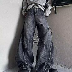 2026小众设计洗水割破解构弯刀老爹牛仔裤美式复古阔腿拖地长裤男