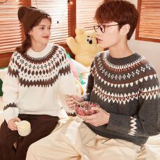 韩国chic秋冬甜美减龄圆领宽松百搭费尔岛提花长袖软糯针织毛衣女