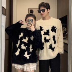 美式圆领毛衣秋冬潮牌小狗印花宽松慵懒风软糯情侣装套头休闲上衣