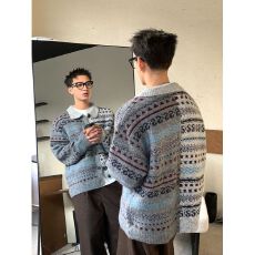 2026新款重磅高级复古费尔岛撞色宽松纽扣翻领针织衫开衫毛衣加厚