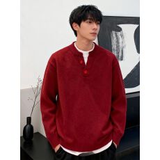 2026新款重磅假两件红色亨利领毛衣男冬季本命马年穿搭圆领针织衫