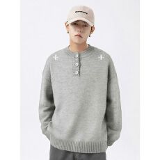 2026新款刺绣春亨利领毛衣男士情侣痞帅纯色慵懒风针织衫痞帅上衣