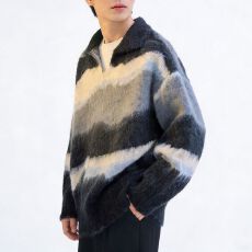 美式覆古不规则撞色条纹毛衣男女秋冬新款慵懒风彷貂polo领针织衫