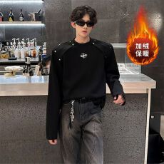 2026新款加绒加厚秋冬解构拼接垫肩长袖T恤男美式高街重磅卫衣