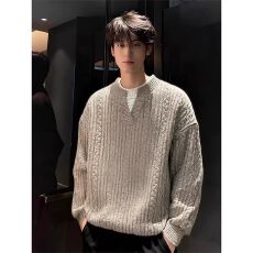 2026新款重磅编织绞花纹理老钱重磅假两件毛衣男加厚保暖针织衫