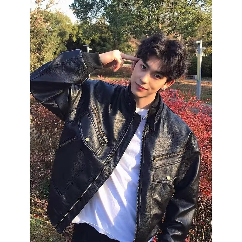 2026 봄 아메리칸 레트로 오토바이 열매 곡물 가죽 재킷 재킷 남녀 재킷 조수 브랜드 작은 대중 PU 가죽 비행복