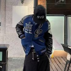 2026荔枝纹皮袖毛巾绣春美式蓝调男女夹克vibe棒球服拼接小众外套