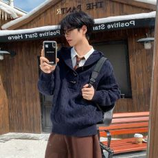 批发2026新款春季牛角扣扭花宽松针织衫上衣连帽毛衣情侣男女