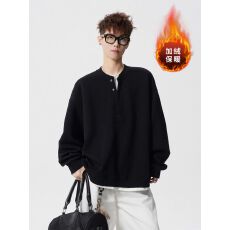 批发2026新款加绒加厚春秋潮牌假两件拼接V领<b class='q'>长袖</b>T恤男女美式宽松上衣