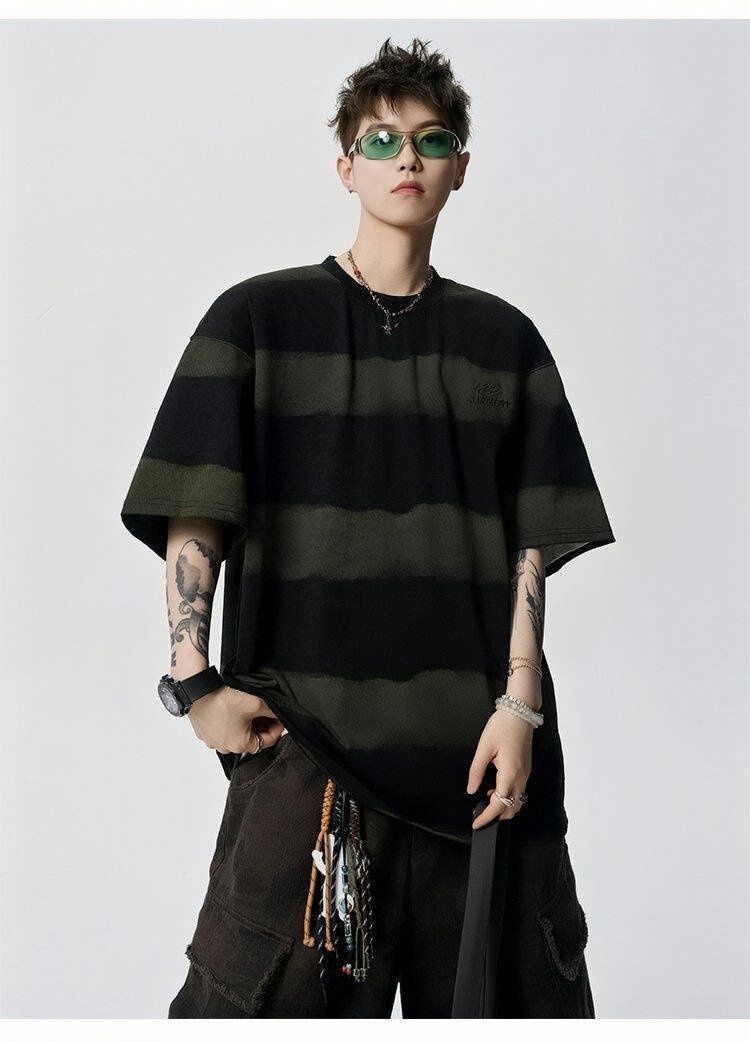 2026 새로운 아메리칸 레트로 높음 거리 스트라이프 배색 디자인 센스 5 점 소매 마 오래된 커플룩 반팔 티셔츠