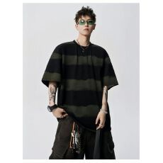 2026新款美式复古高街条纹撞色设计感五分袖做旧情侣装短袖T恤