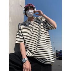 2026新款重磅条纹复古条纹短袖T恤男夏季圆领半袖体恤衫