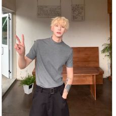 2026王嘉尔同款小领口纯色短袖T恤男夏季软糯凉感针织半袖打底衫