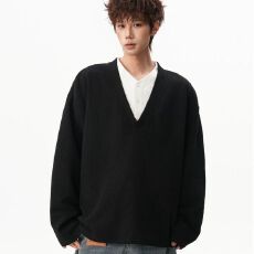 2026美式潮牌假两件肌理感卫衣男女春华夫格复古宽松情侣百搭上衣