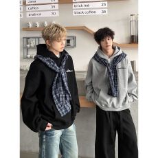 批发2026新款美式格子拼接披肩连帽卫衣男女<b class='q'>冬</b>宽松设计感外套帽衫