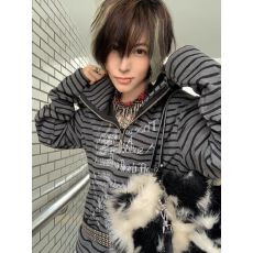 批发美式街头风连帽卫衣男女春秋季条纹半拉链亚文化外套朋克上衣