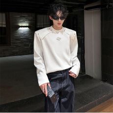 批发2026新款重磅垫肩解构长袖T恤男金属装饰<b class='q'>潮</b>牌高级感卫衣高街t恤衫