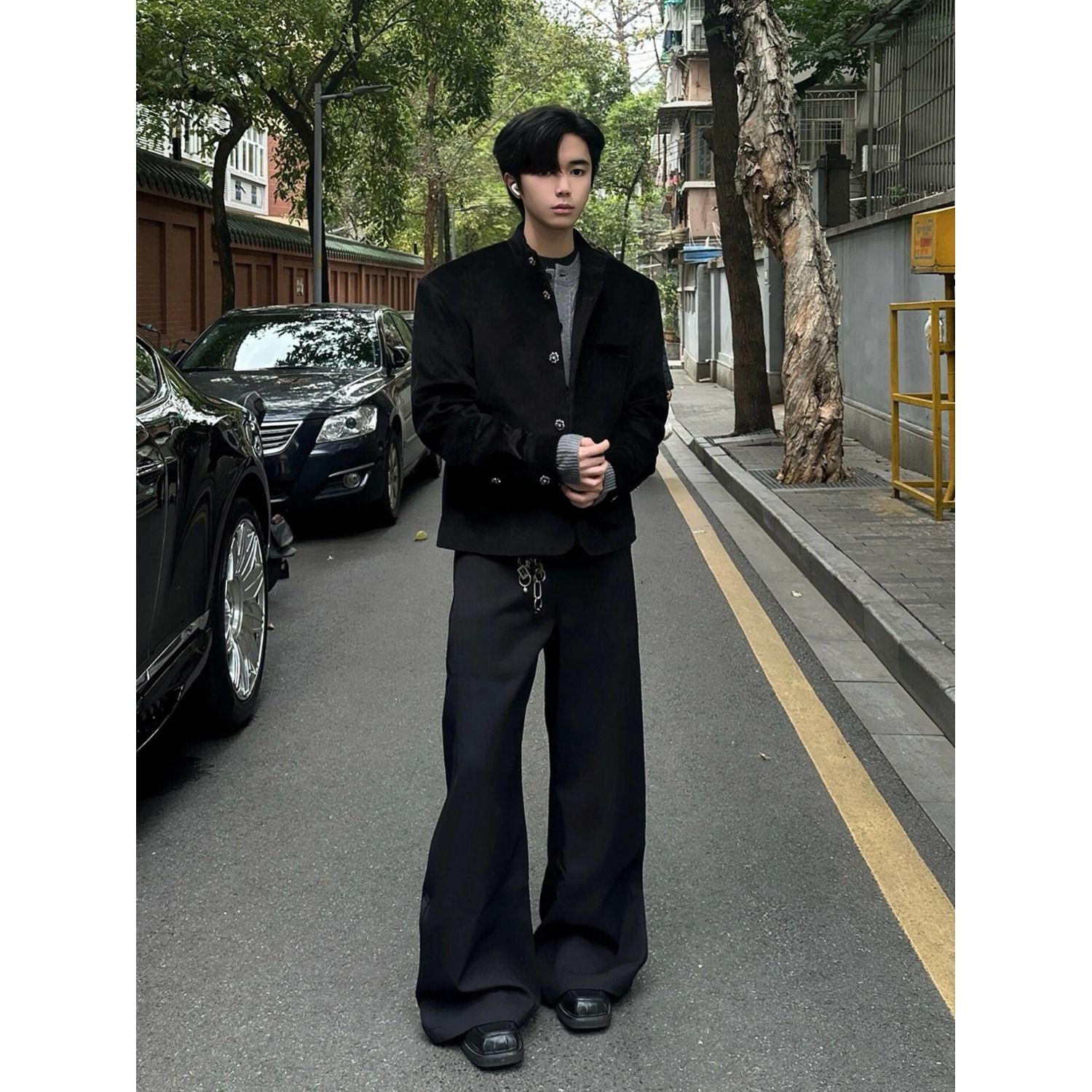 새로운 중식 스탠드 칼라 사파이어 단추 중국어 튜닉 슈트 재킷 남자 고급 센스 악당 잘 생긴 코듀로이 정장 쇼트 스타일 재킷