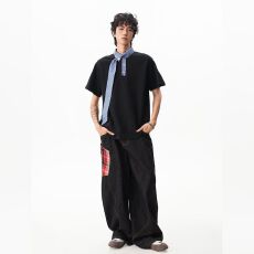 批发格子领带航海系短袖P0L0衫男女设计感T恤夏季假两件情侣上衣