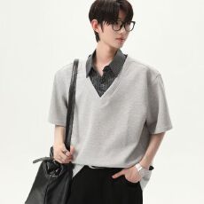 批发2026新款重磅假两件简皓格子polo衫短袖t恤男夏拼接上衣