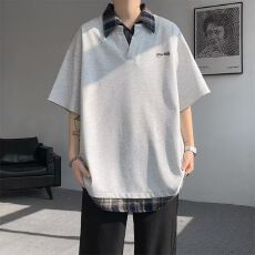 批发2026新款假两件刺绣美式复古POLO领短袖男女潮流休闲<b class='q'>情侣</b><b class='q'>半袖</b>上衣