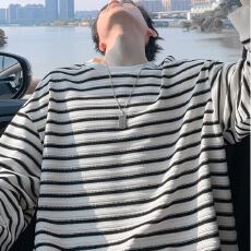 批发2026新款<b class='q'>长袖</b>春秋季复古条纹圆领男女潮牌情侣宽松百搭上衣