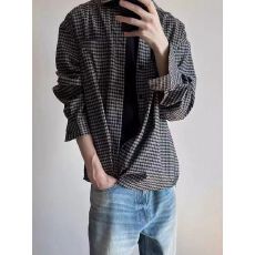 2026美式春夏季休闲格纹通勤长袖衬衫男百搭宽松复古慵懒衬衣潮流