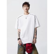 2026新款重磅夏季撞色条纹拼接男美式潮牌插肩短袖T恤