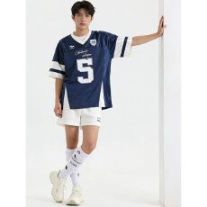 2026新款运动美式高街V领球衣短袖夏季T恤百搭宽松网眼拼接上衣男