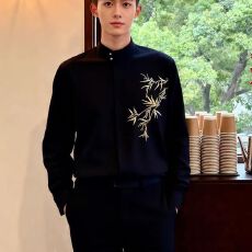 2026新款春夏刺绣金竹叶长袖衬衫盘扣二罗男中国风西服立领中山装